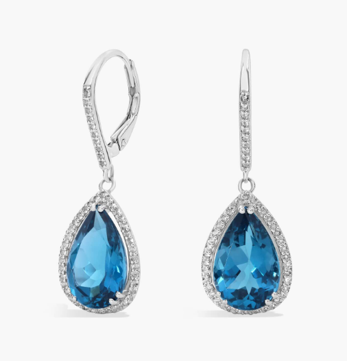 London Blue Topaz Elegant Halo Drop Earrings in Sterling Silver (14x9mm)